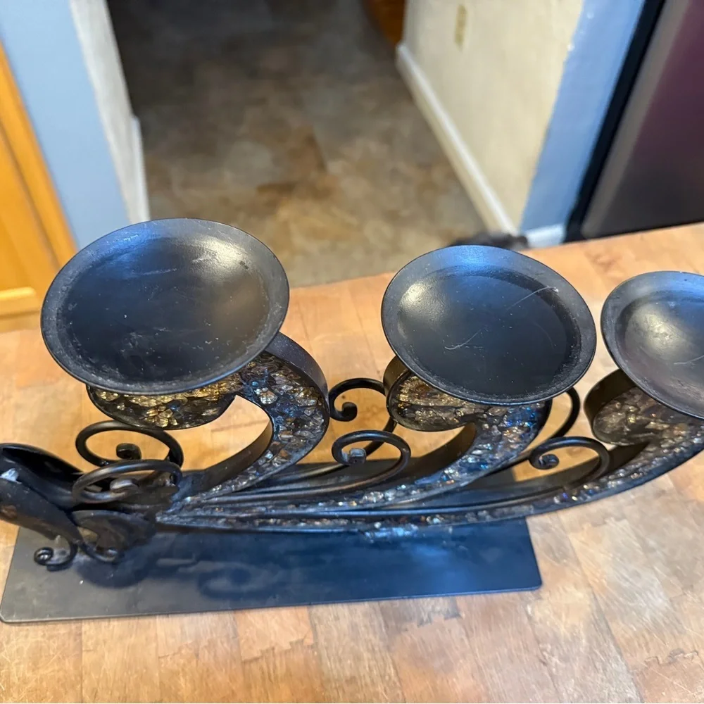 Vintage Pier 1 Elegant Black and Gold mosaic Glass tiles Peacock Candle Holder